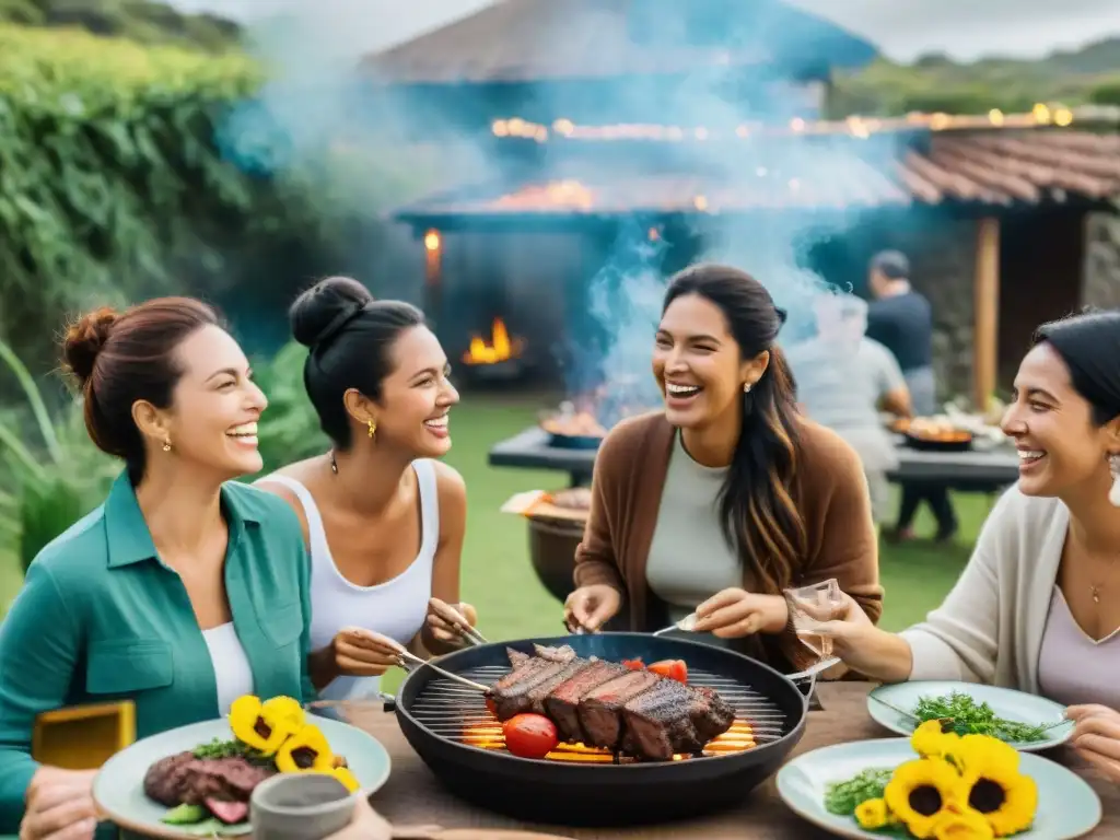 Consejos para amistades duraderas en Uruguay: amigos riendo y disfrutando de un asado en un entorno natural y colorido