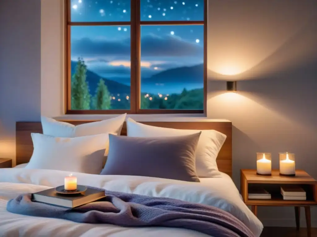 Consejos para mejorar calidad del sueño: Dormitorio moderno con cama acogedora, iluminación cálida y vista estrellada nocturna