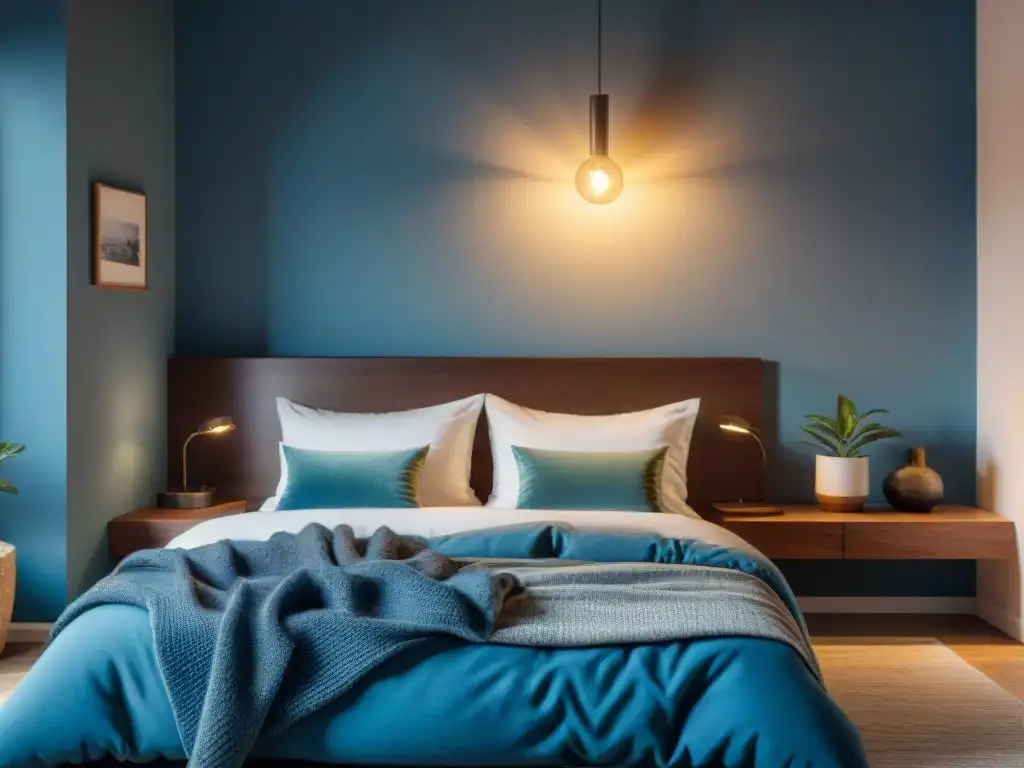 Consejos para dormir mejor en Uruguay: Dormitorio sereno iluminado por luz azul, cama hecha y planta en mesa de noche