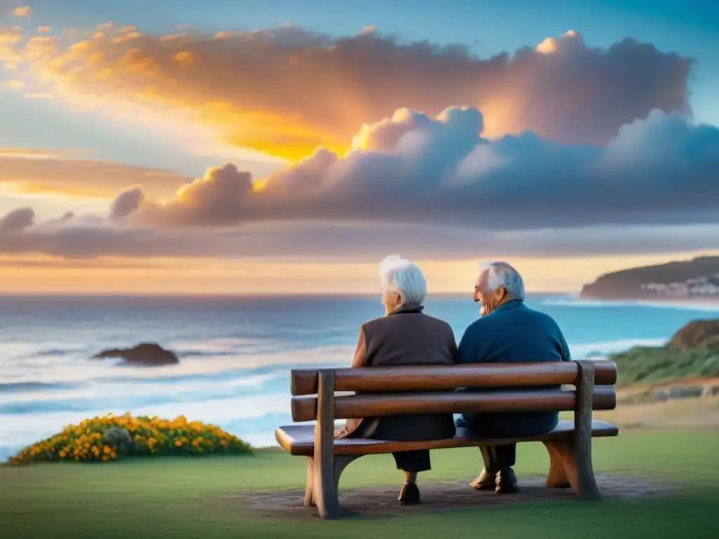 Consejos para envejecer positivamente Uruguay: Pareja uruguaya mayor sonríe frente al mar al atardecer, mostrando complicidad y amor eterno