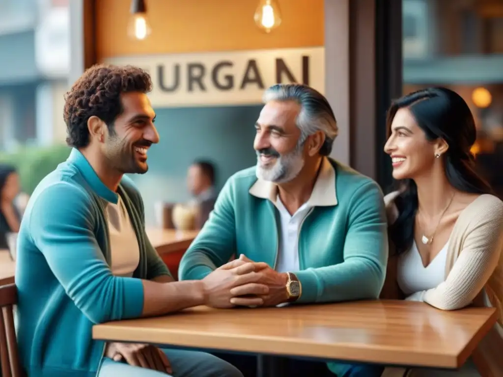 Conversaciones animadas en un acogedor café de Uruguay, fomentando relaciones personales en un ambiente cálido y amigable