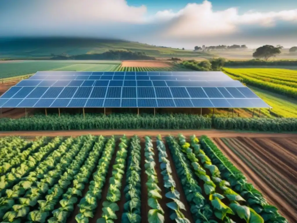 Una cooperativa agrícola moderna en Uruguay, con tecnología avanzada y prácticas sostenibles, simbolizando el bienestar rural en Uruguay