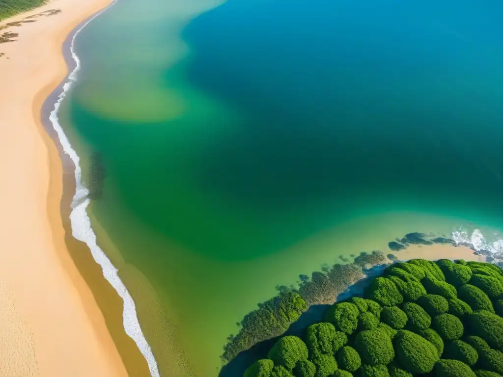 Costa serena de Uruguay: aguas cristalinas, arena dorada y algas verdes