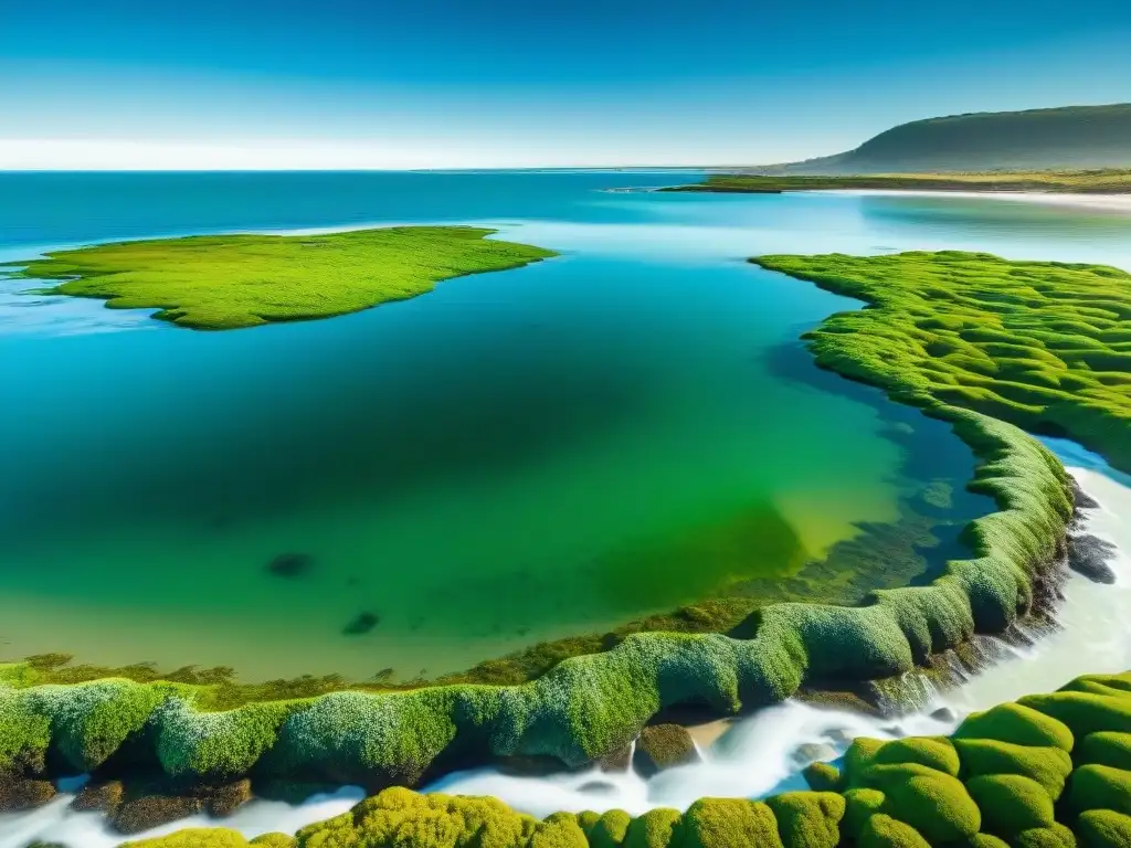 Costa serena en Uruguay con aguas cristalinas y algas verdes