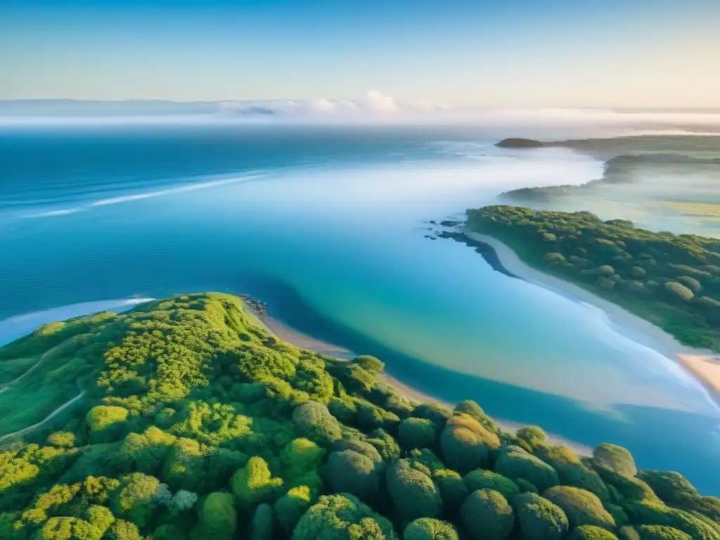 Costa serena de Uruguay con olas suaves, vegetación exuberante y cielo azul