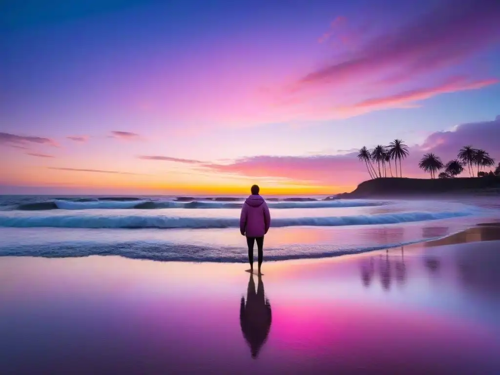 Visualización creativa en la playa de Uruguay al atardecer, con cielo rosa, palmeras y paz