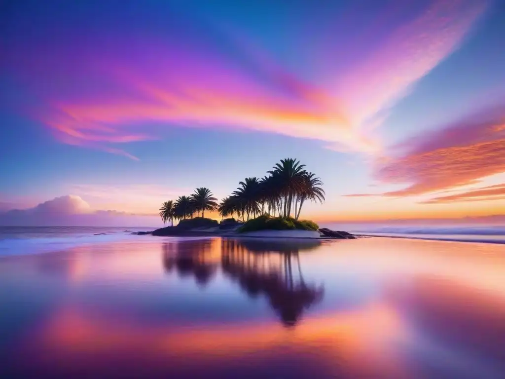 Visualización creativa en la playa de Uruguay al atardecer con colores vibrantes en el cielo y reflejo en el agua