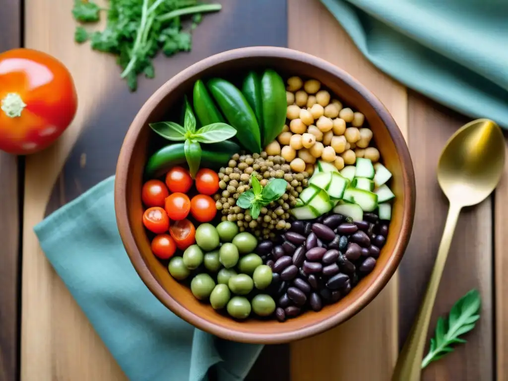 Un cuenco colorido de ensalada uruguaya con legumbres cocidas y vegetales frescos, acompañado de mate