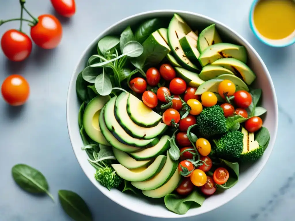 Un cuenco de ensalada colorida y vibrante con vegetales frescos y pollo a la parrilla, ideal para elecciones saludables comida rápida Uruguay