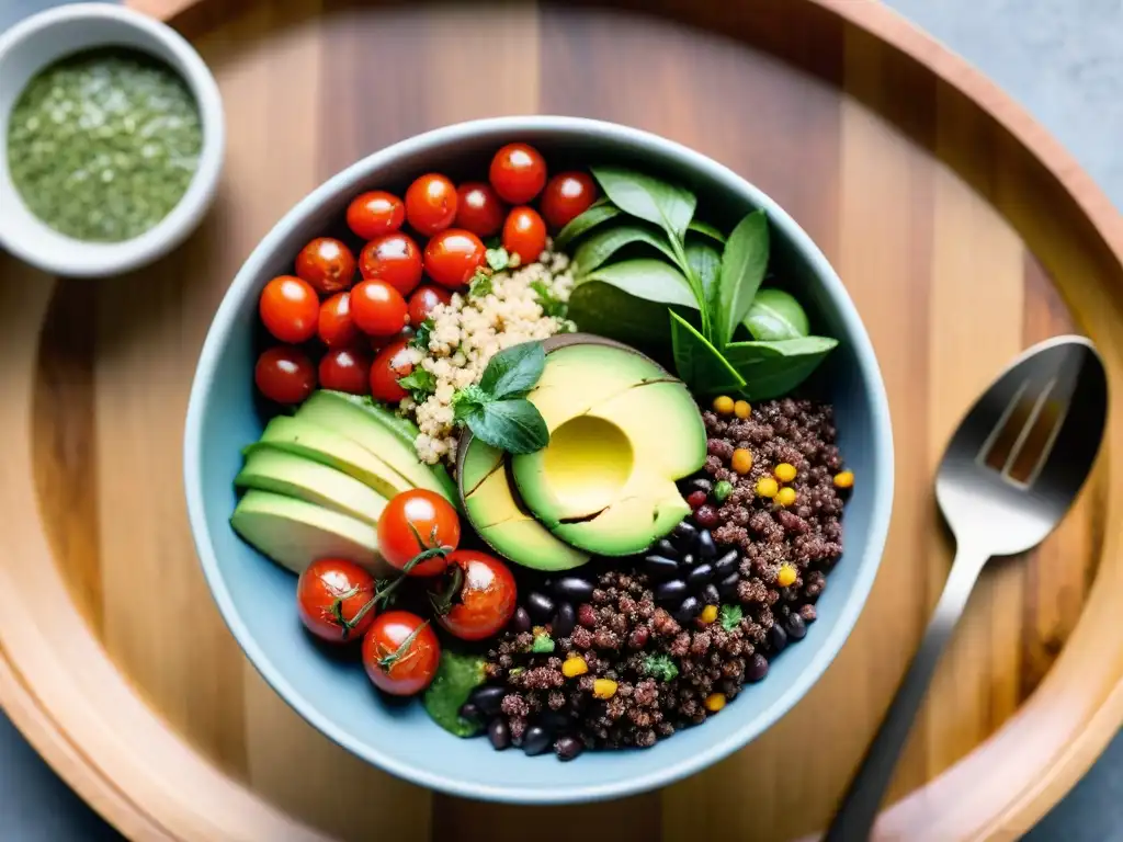 Un cuenco de ensalada uruguaya de quinua vibrante y colorida con ingredientes frescos, iluminado por luz natural