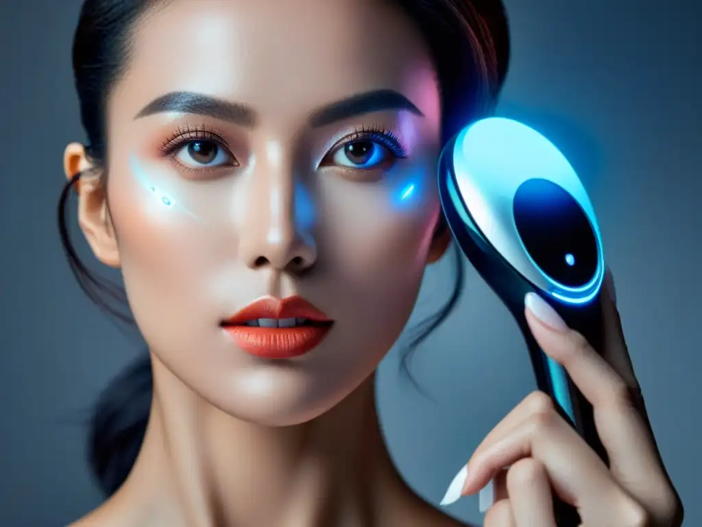 Cuidado de piel tecnológico en Uruguay: dispositivo futurista de cuidado facial con LED y controles táctiles, en tonos plateados y blancos