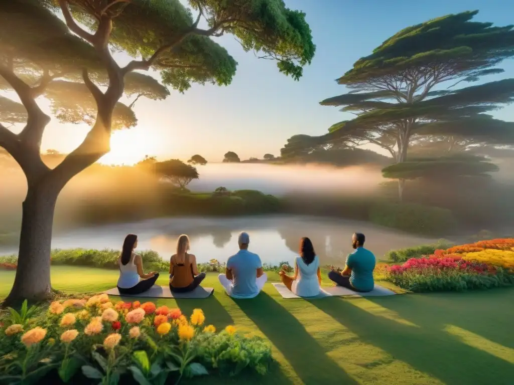 Un curso online mindfulness en Uruguay: grupo variado practica meditación al aire libre en un parque verde al atardecer