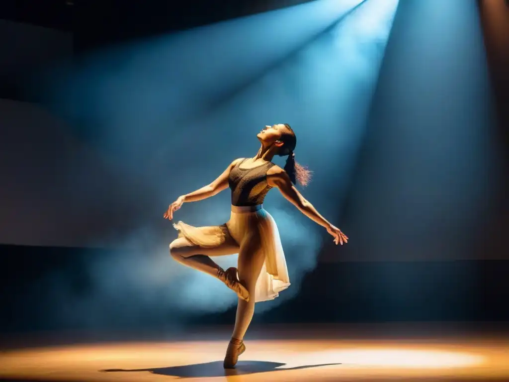 Danza contemporánea en Uruguay: Grupo de bailarines ejecutando una actuación emotiva y poderosa en un escenario minimalista con iluminación dramática