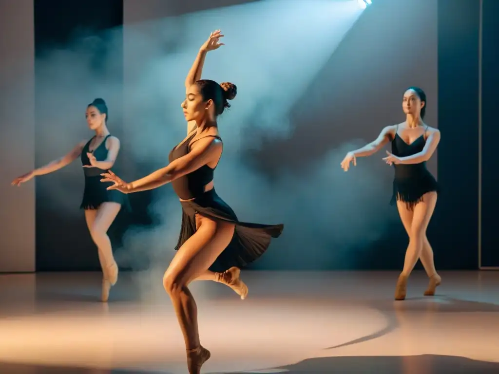 Danza contemporánea Uruguay: Grupo de bailarines uruguayos contemporáneos se mueven con gracia y pasión en escenario minimalista