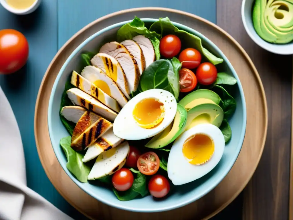 Deliciosa ensalada chivito saludable Uruguay en un bol moderno sobre mesa de madera