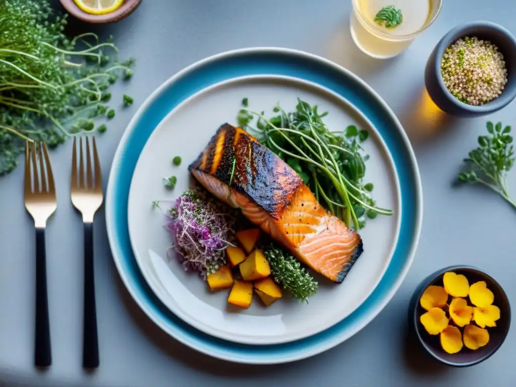 Deliciosa cena ligera con salmón, quinoa y batatas, creando un ambiente acogedor