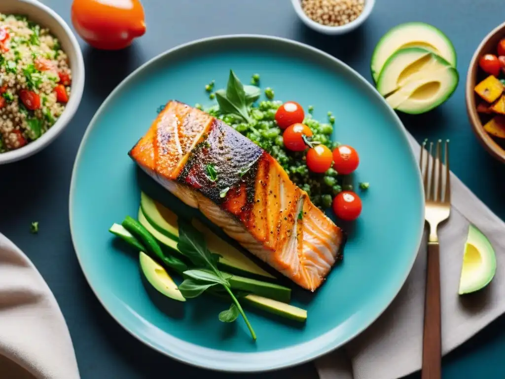 Deliciosa cena saludable con salmón, quinoa, aguacate y batatas asadas