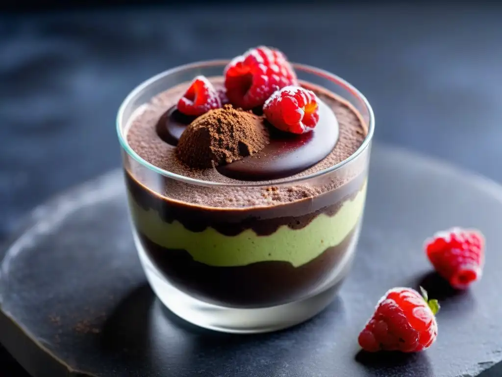 Deliciosa mousse de chocolate y palta con frambuesas frescas, ideal para diabéticos