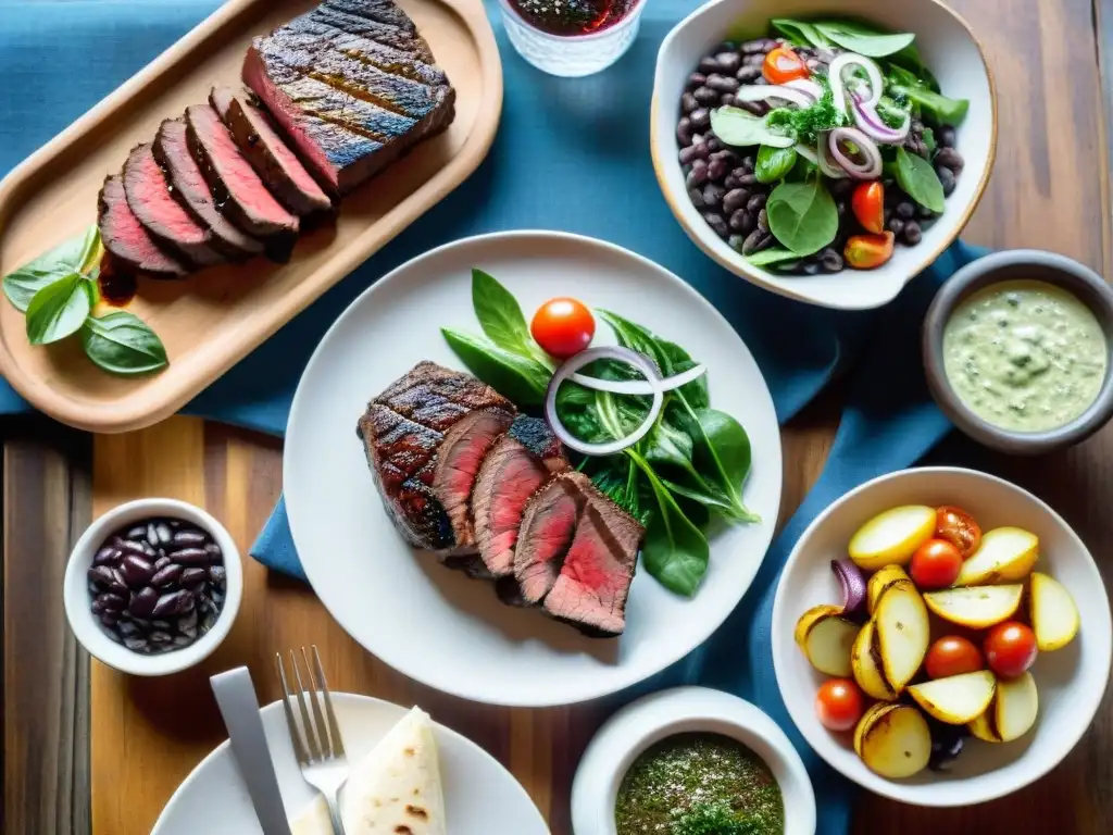 Una deliciosa comida uruguaya en una mesa rústica, con carne a la parrilla, chimichurri, ensalada, frijoles y vino tannat