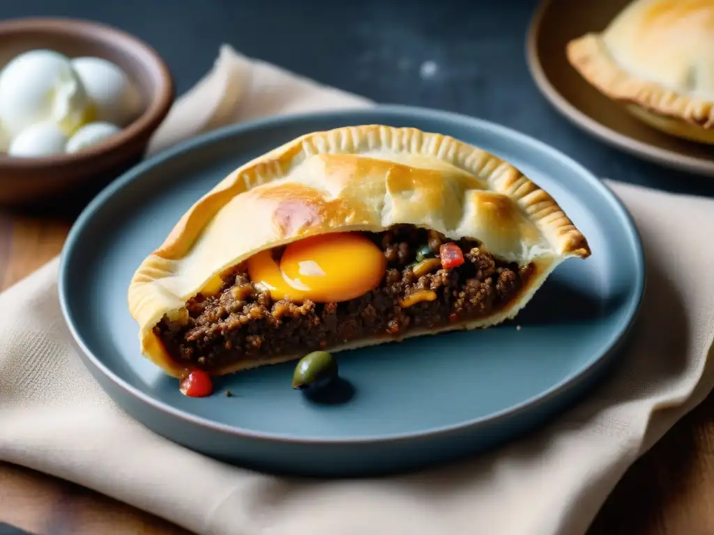 Una deliciosa empanada dorada con relleno de carne, aceitunas y huevo, recién salida del horno en una cocina uruguaya moderna