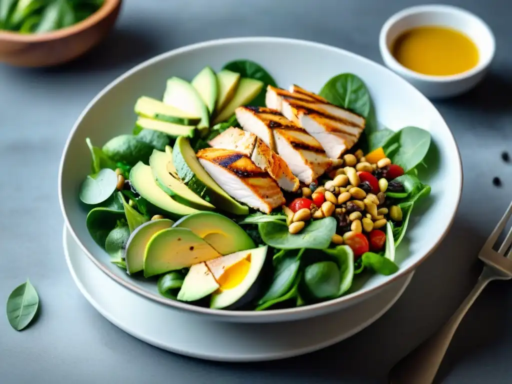 Deliciosa ensalada cardiosaludable con vegetales, pollo, aguacate y frutos secos en Uruguay