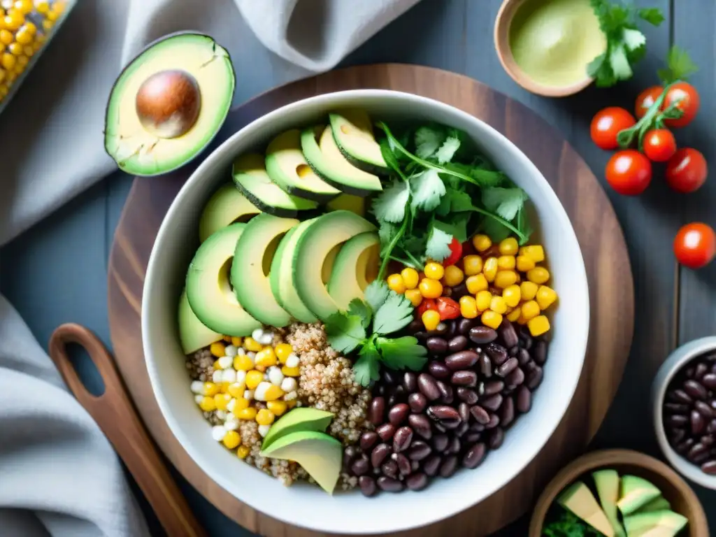 Deliciosa ensalada de quinua con aguacate, tomate, frijoles y maíz en un bol blanco sobre mesa de madera