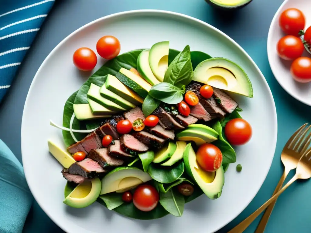 Una deliciosa ensalada uruguaya vibrante y colorida con ingredientes frescos y sabrosos, presentada de forma elegante en un plato blanco contemporáneo