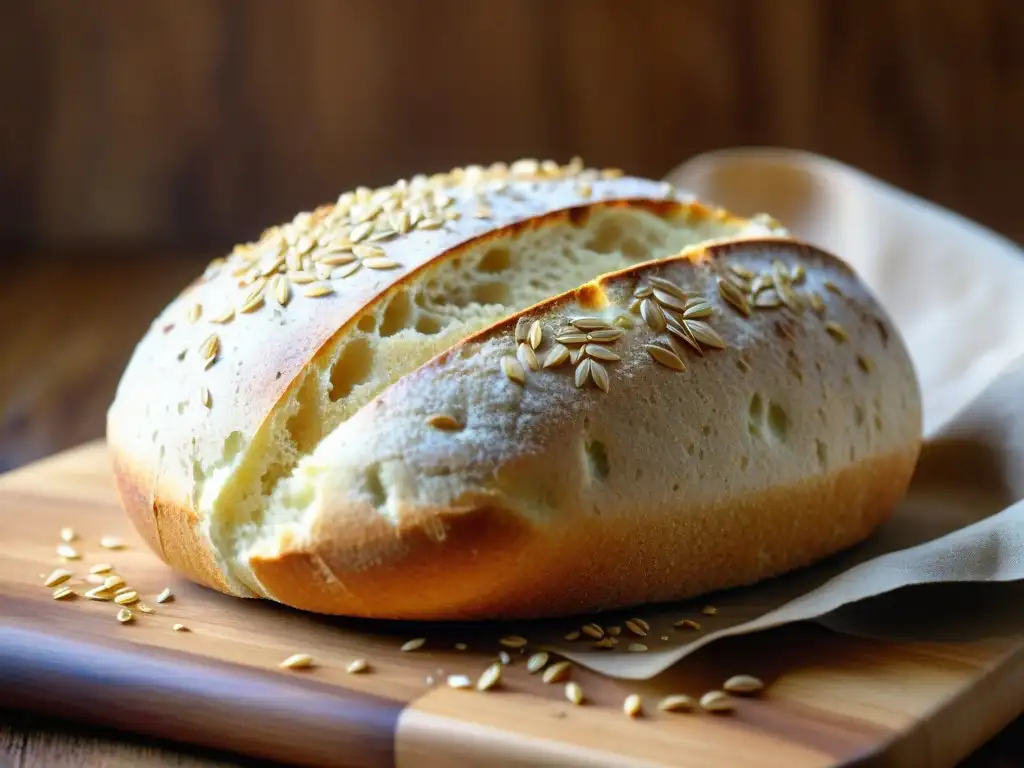 Deliciosa hogaza de pan integral recién horneado con semillas, en tabla de madera