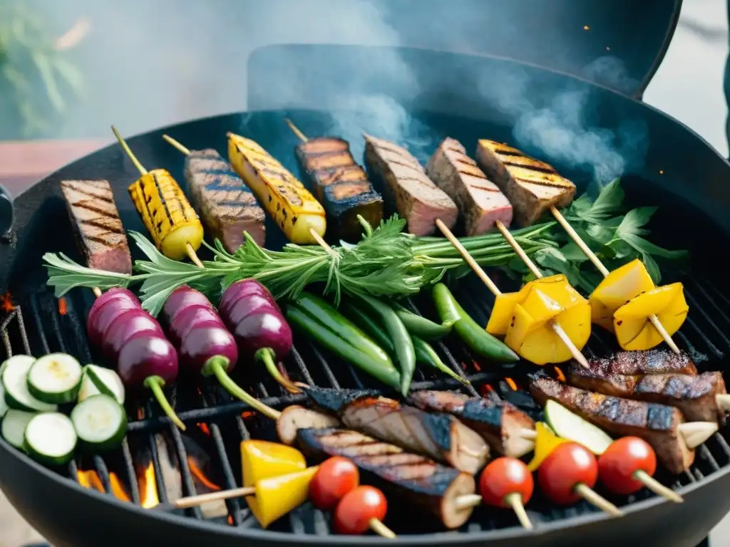 Deliciosa parrilla con equilibrio nutricional: variedad de vegetales y carnes magras, todo perfectamente cocinado