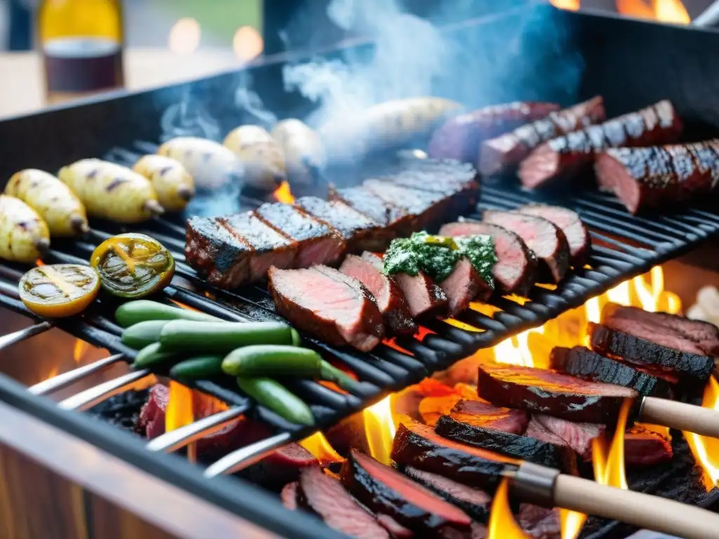 Deliciosa parrillada uruguaya con cortes de carne, chimichurri y vino Tannat