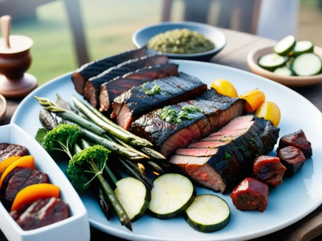 Una deliciosa parrillada uruguaya al aire libre con cortes de carne, verduras asadas y chimichurri