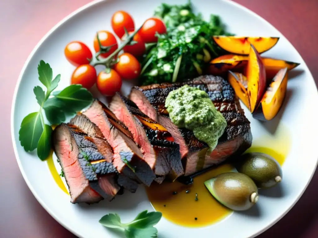 Deliciosa posta negra uruguaya saludable con chimichurri y ensalada colorida en plato minimalista