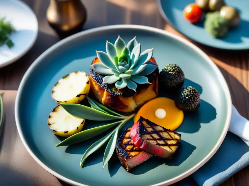 Deliciosa posta negra uruguaya saludable, dorada y jugosa, acompañada de vegetales asados coloridos y hierbas frescas en un plato moderno