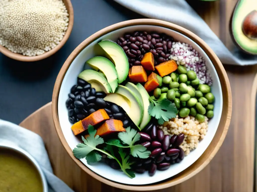 Deliciosa bowl de proteínas vegetales con inspiración uruguaya en una presentación vibrante y colorida sobre una mesa de madera moderna