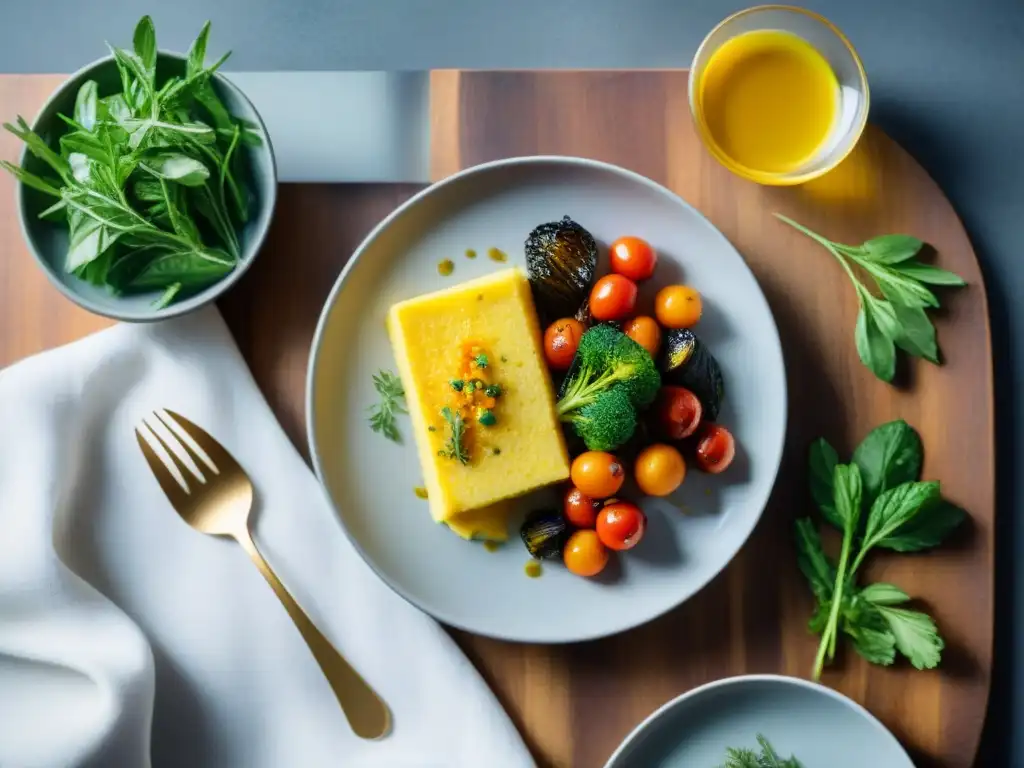 Deliciosa receta de polenta saludable uruguaya con vegetales asados y hierbas frescas en una elegante cocina iluminada naturalmente