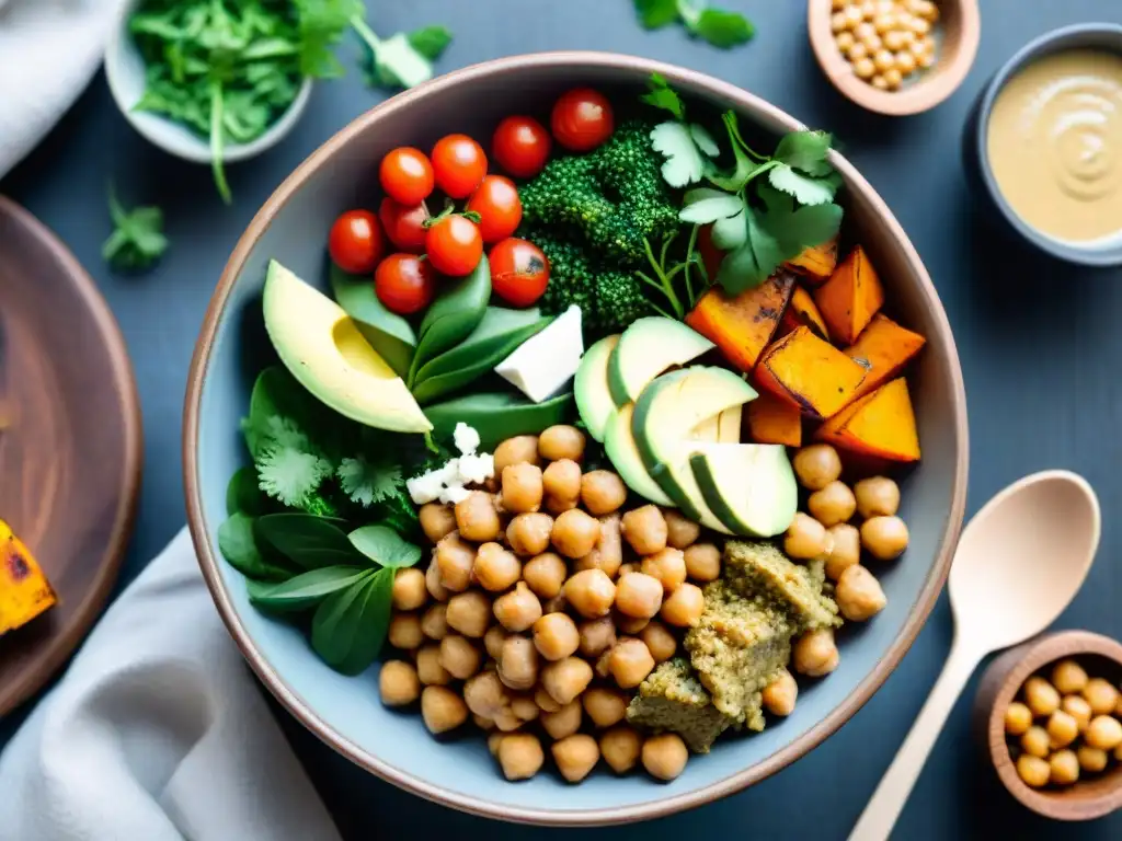 Deliciosa receta de proteínas vegetales en Uruguay con bowl de ingredientes coloridos y frescos en mesa de madera