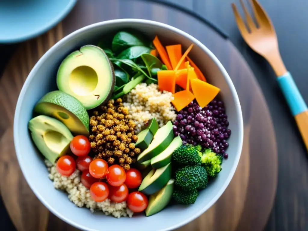 Deliciosa receta saludable para el bienestar: Buddha bowl colorido con vegetales, quinoa, aguacate y aderezo de tahini en mesa de madera