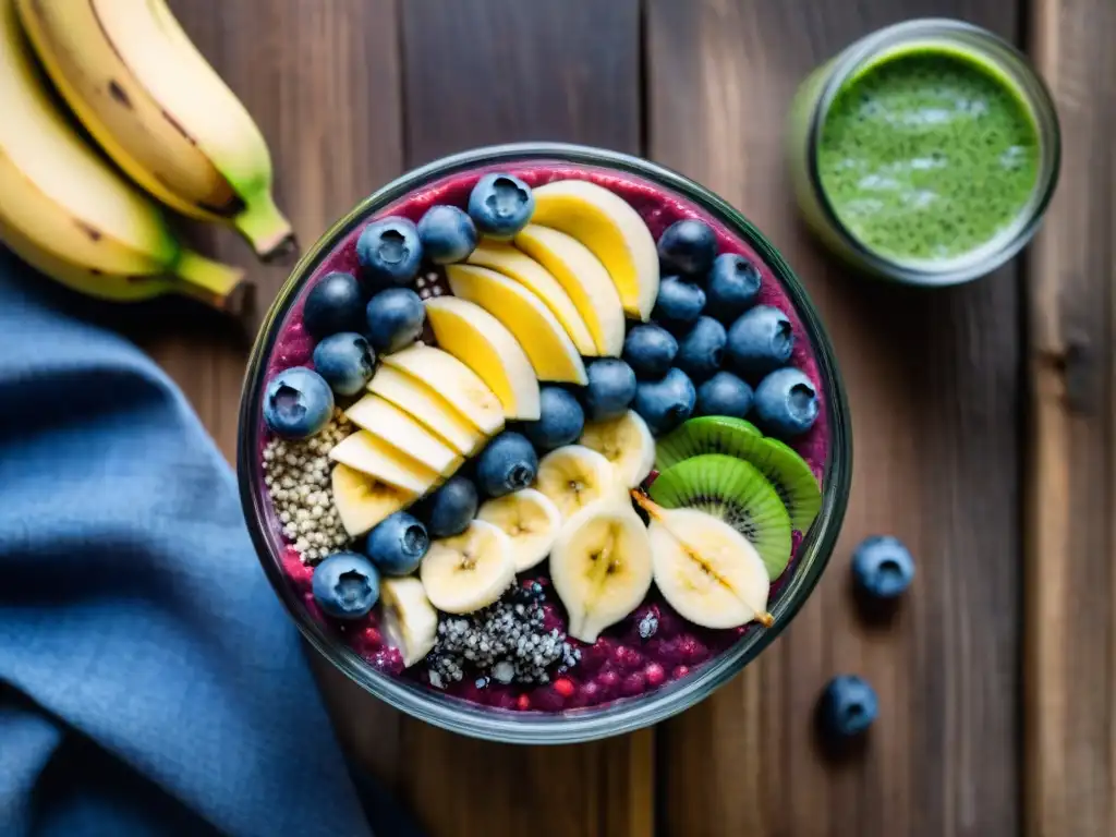 Deliciosa y saludable bowl de Açaí con superalimentos frescos en una mesa rústica