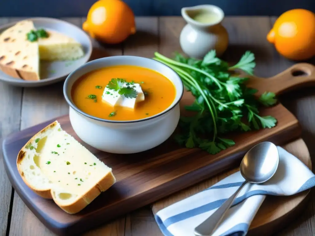 Una deliciosa Sopa de Zapallo uruguaya con aceite de oliva, perejil fresco y queso, en una mesa rústica