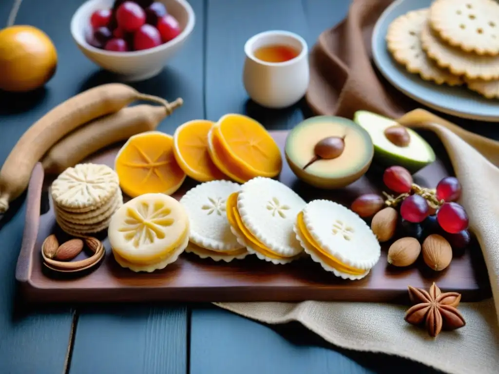 Deliciosa tabla de snacks saludables Uruguay con alfajores, pasta frola y chajá, acompañados de frutas frescas, nueces y mate en mates uruguayos, sobre una mesa rústica con mantel tejido