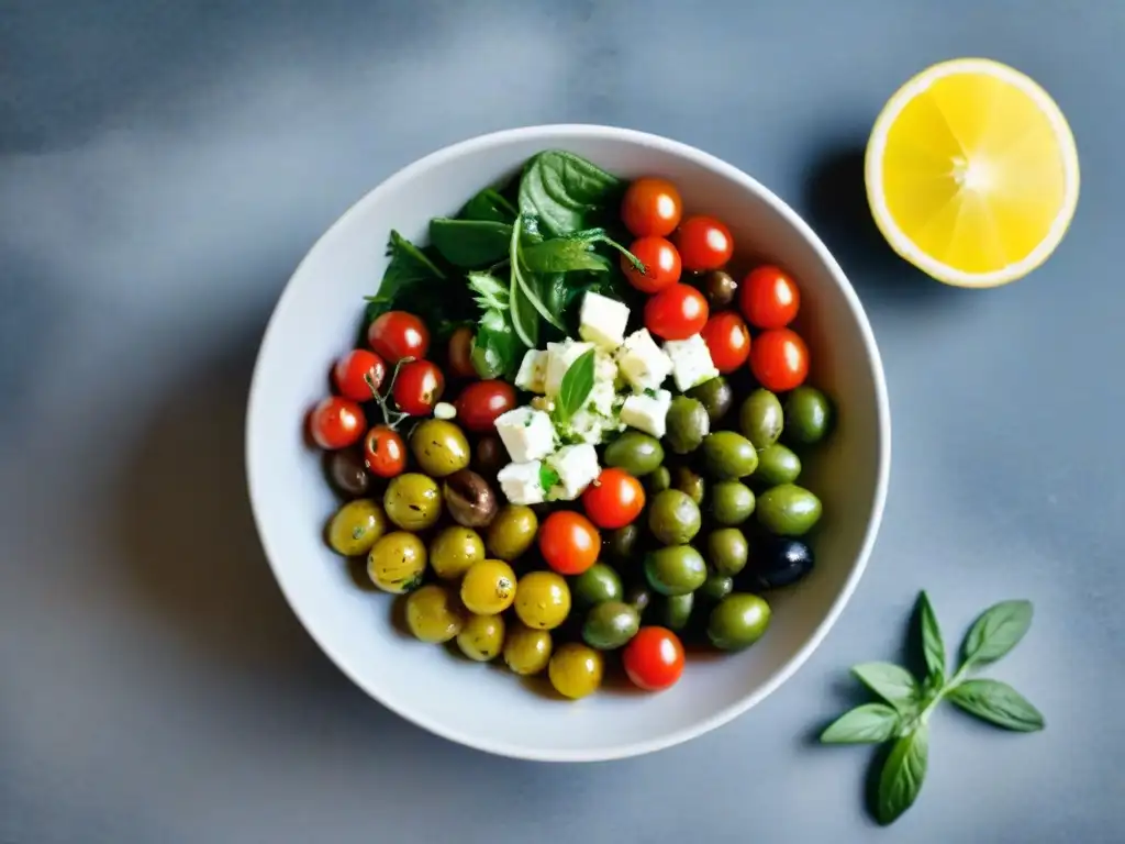 Deliciosa ensalada mediterránea en Uruguay: tomates, pepino, aceitunas, queso feta y hierbas frescas con aderezo de limón