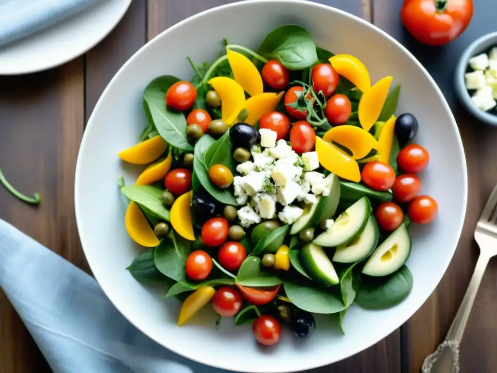 Deliciosa ensalada mediterránea con tomates rojos, pepinos, pimientos amarillos, aceitunas, y queso feta