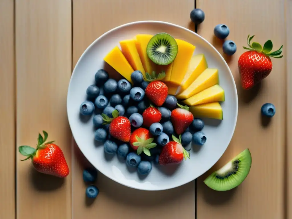 Deliciosa variedad de frutas frescas en plato blanco sobre mesa de madera