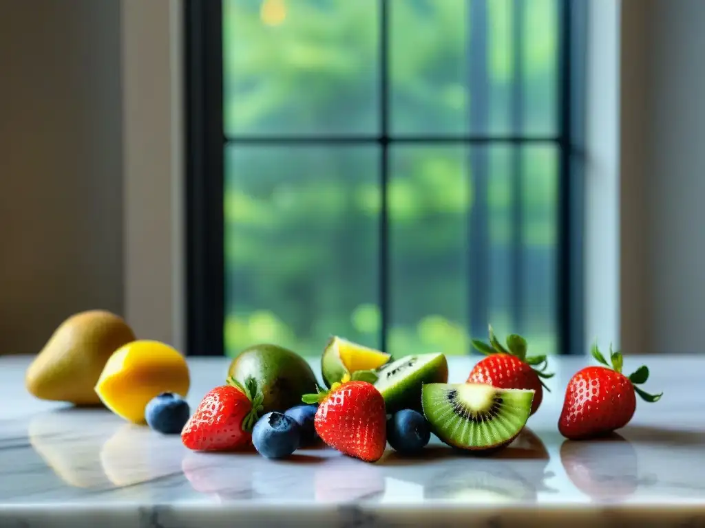 Deliciosa variedad de frutas frescas y coloridas en una elegante encimera de mármol