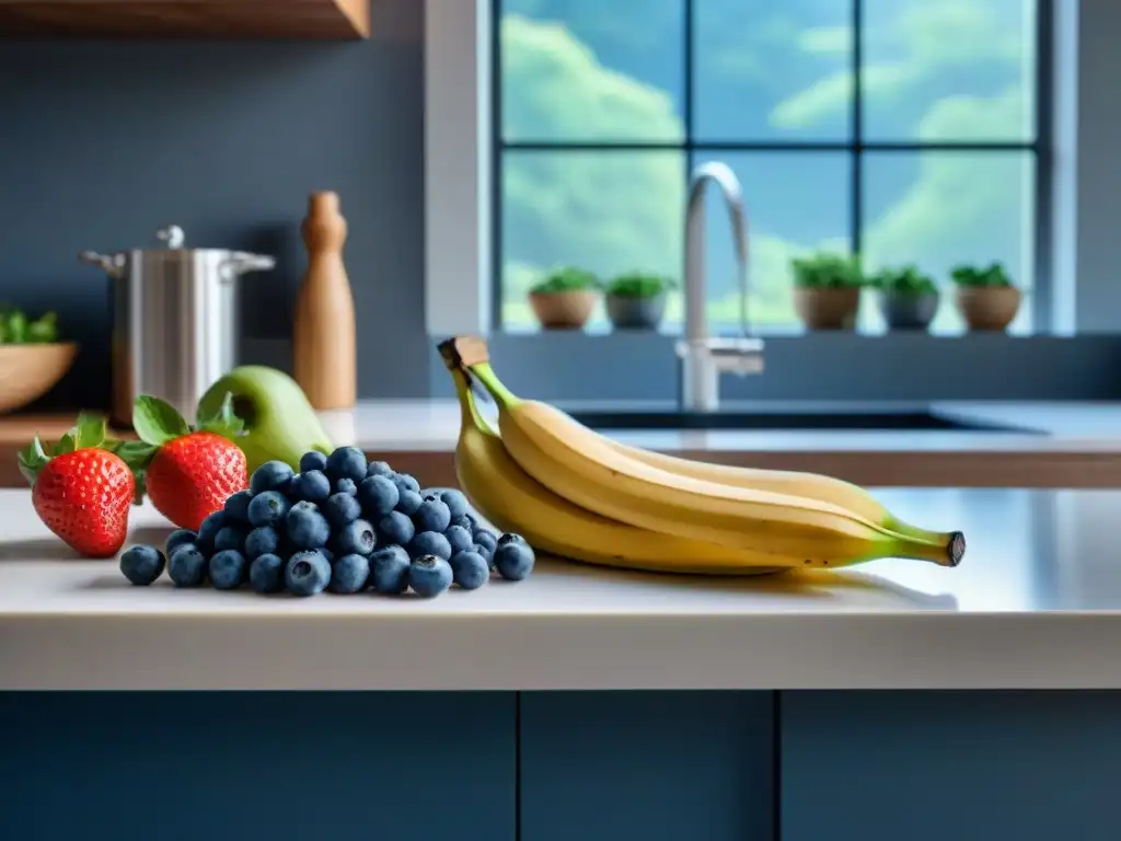 Deliciosa variedad de frutas y frutos secos en cocina moderna