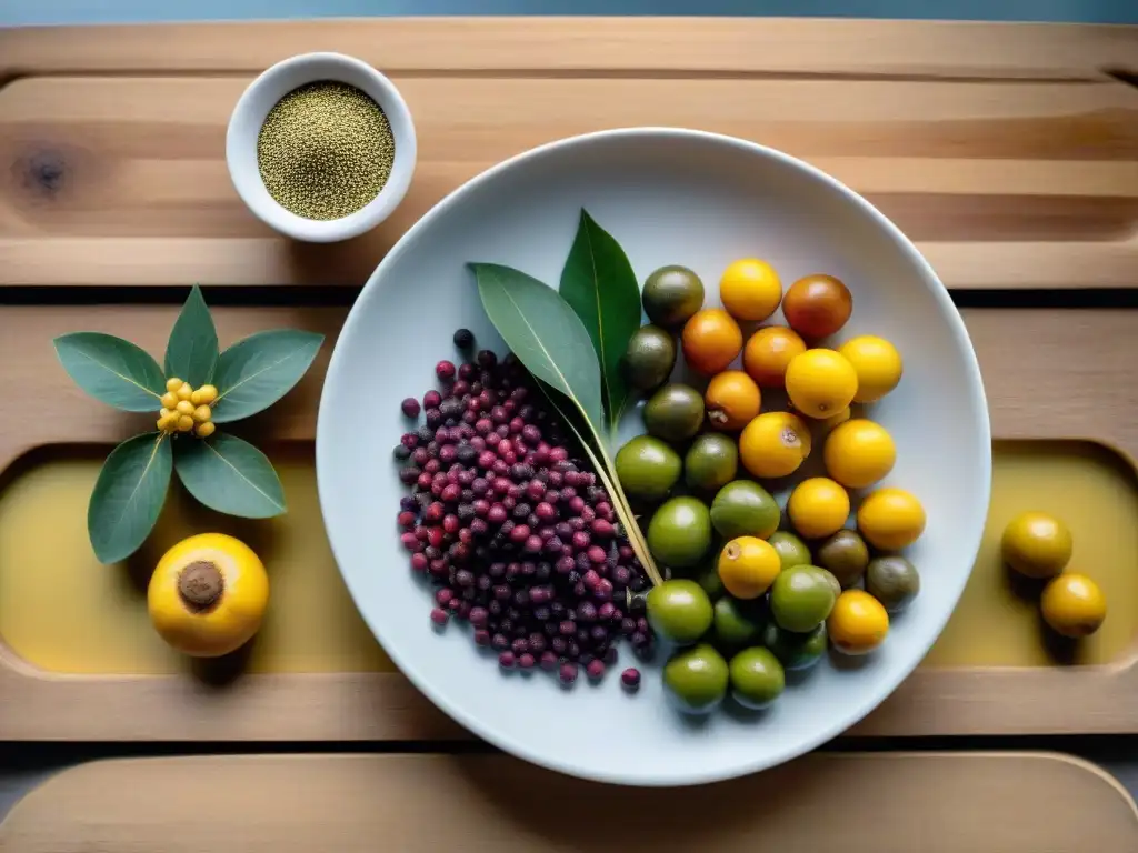 Una deliciosa variedad de superalimentos uruguayos en un plato blanco sobre mesa de madera