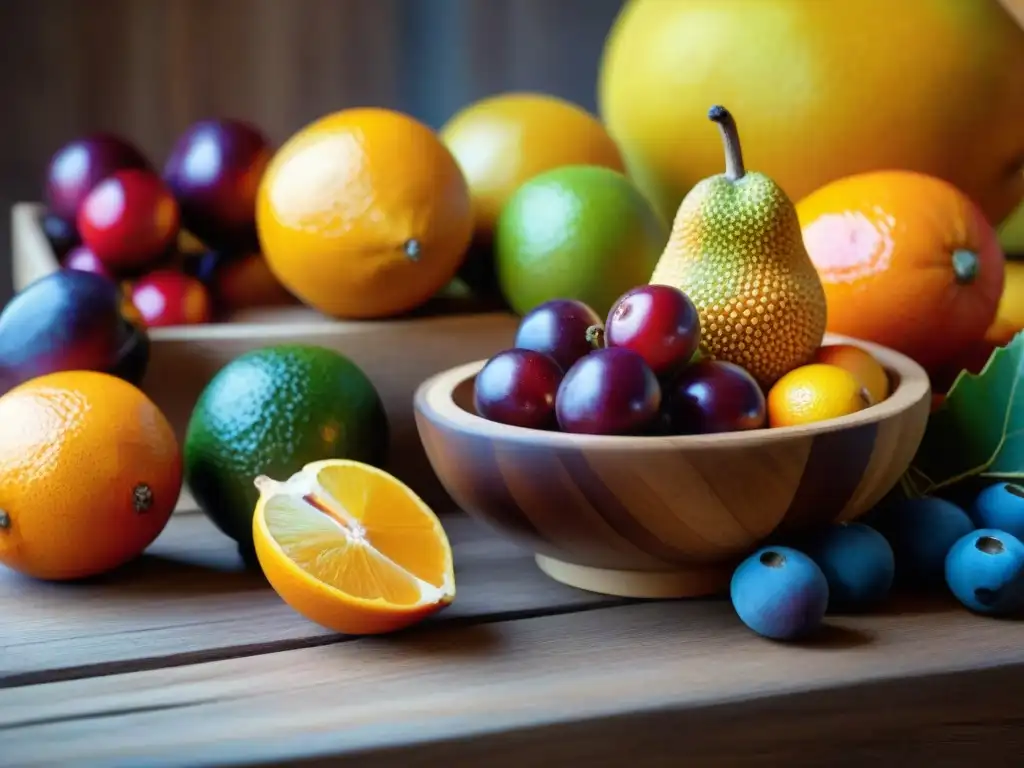 Deliciosas frutas autóctonas de Uruguay en una mesa de madera, resaltando su frescura y colorido