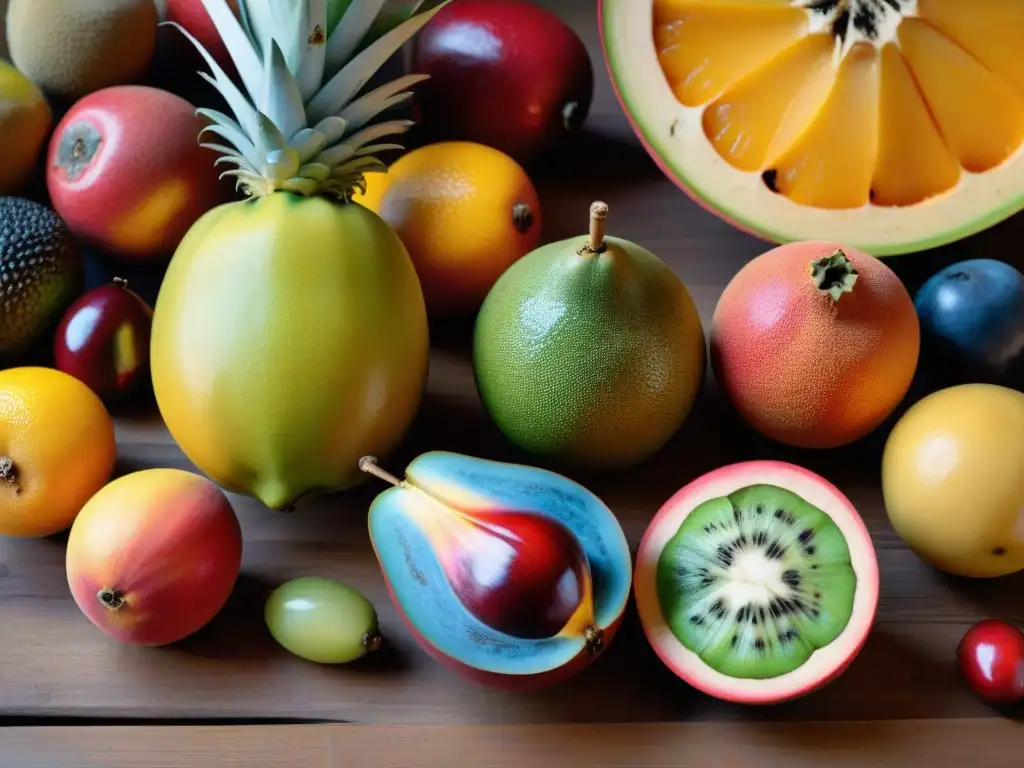 Deliciosas frutas autóctonas de Uruguay en mesa moderna de madera