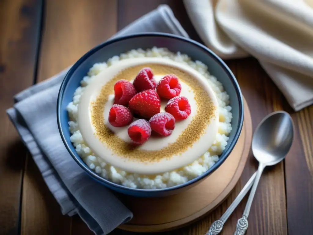 Delicioso arroz con leche saludable de coco, canela y frambuesas frescas en mesa de madera rústica