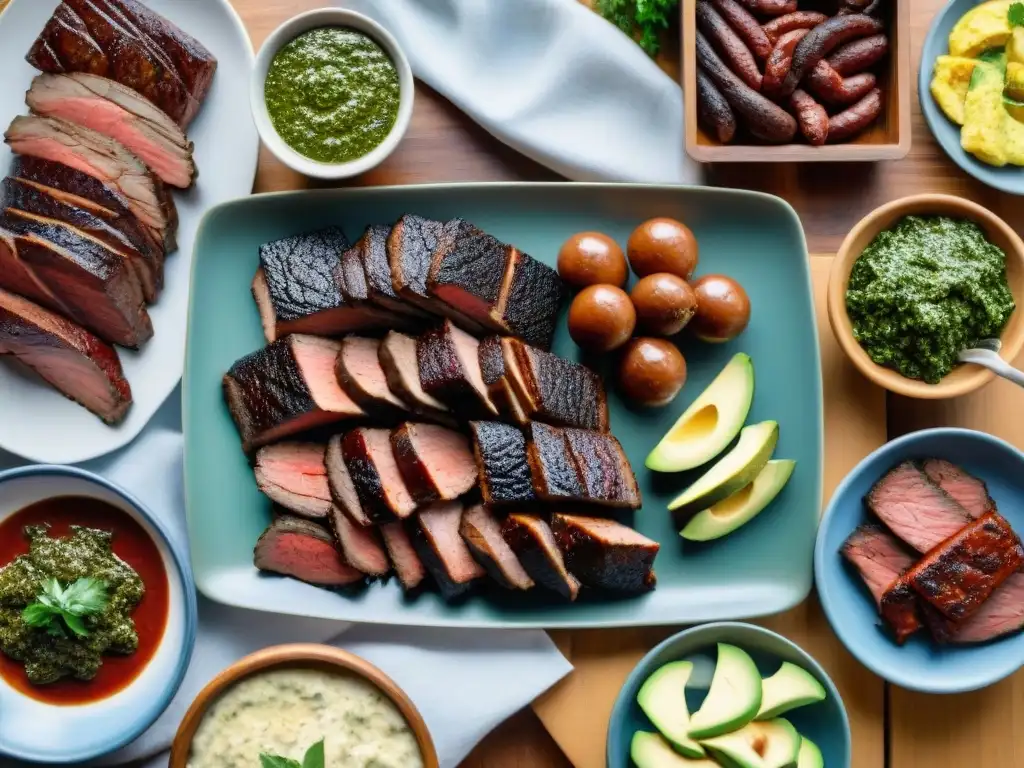 Delicioso asado uruguayo con cortes de carne, chimichurri y ensaladas frescas